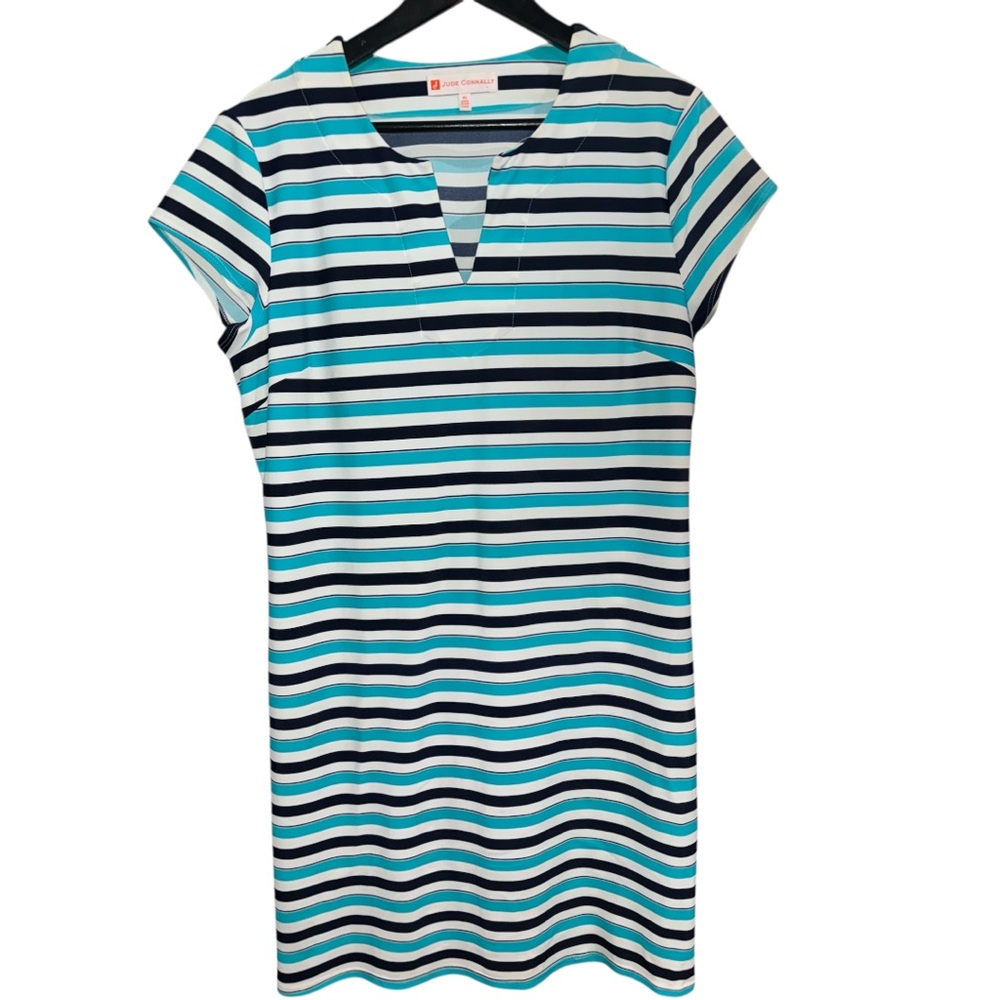 Jude Connally Laney Dress Tonal Stripe Teal & Navy EUC $198 Size XL